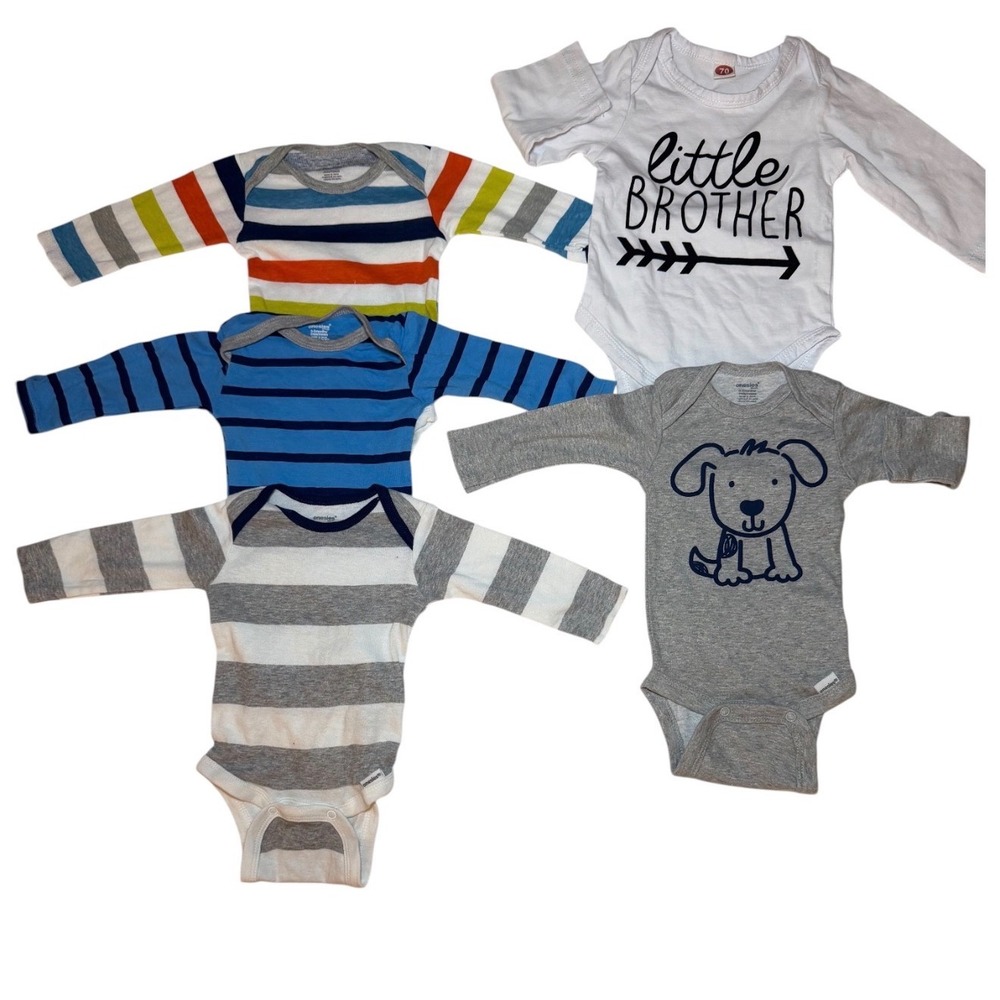 Baby Boy Bodysuit Lot 5 Pc 0-3M Long Sleeve Striped Puppy Little Brother